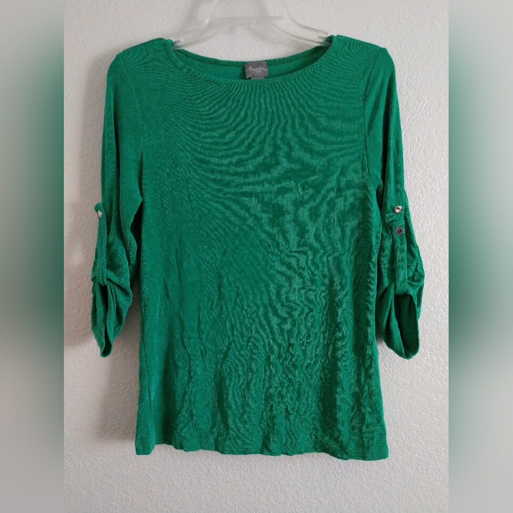 Chicos Travelers Knit Green Top Shirt Long Tab Sleeve Size 1 Small Chest 32"
